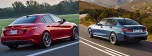 L: Red 2025 Alfa Romeo Giulia R: Blue BMW 3-Series