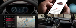 Four split images of technology features of the 2025 Alfa Romeo Giulia.