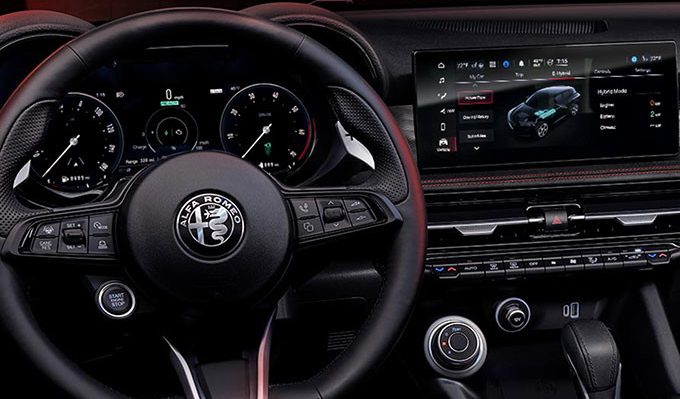 Interior of a 2025 Alfa Romeo Tonale PHEV dashboard.