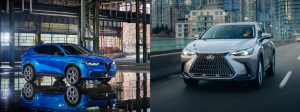 2025 Alfa Romeo Tonale PHEV parked in a warehouse and the 2026 Lexus NX 350h driving on the highway