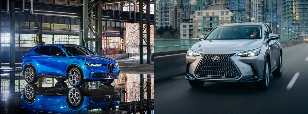 2025 Alfa Romeo Tonale PHEV parked in a warehouse and the 2026 Lexus NX 350h driving on the highway