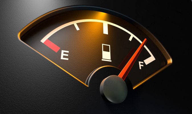 A fuel gauge shows a full tank of gas.