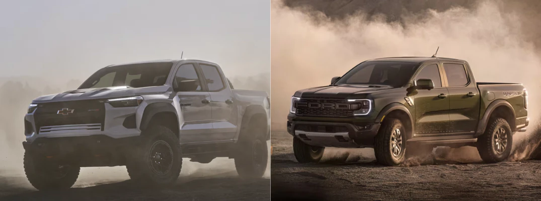 2026 Chevrolet Colorado and the 2026 Ford Ranger driving on a dirt road