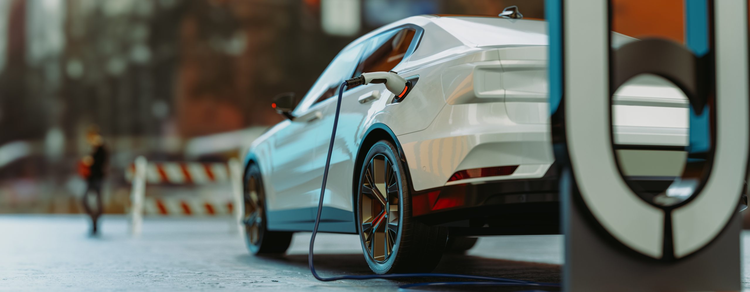EV Electric car silhouette with low battery charging at electric charge station. 3d render and illustration.
