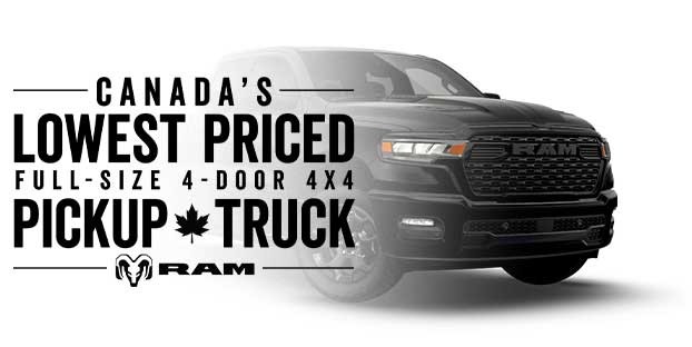 A 2026 Ram 1500 Black Express is covered by text promoting it as Canada's lowest priced pickup truck