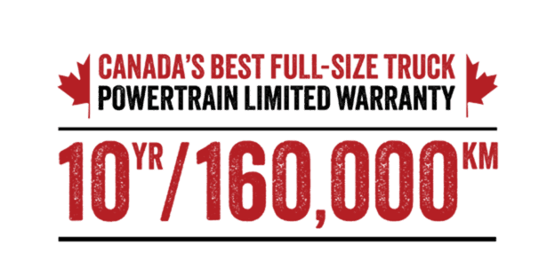 Red and black text promotes Ram's 10 year / 160,000 km powertrain warranty