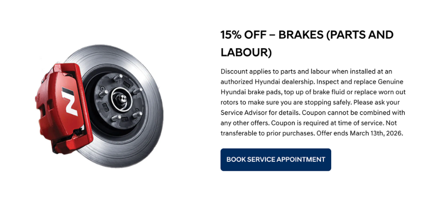 15% off Brakes including parts and labour at Bourgeois Midland Hyundai