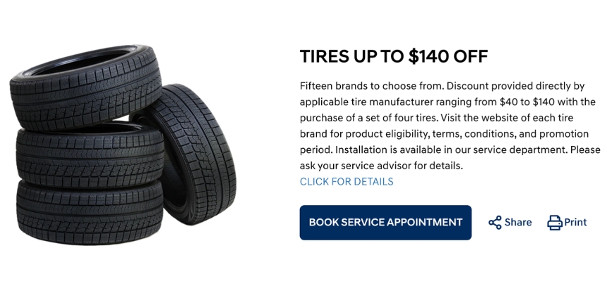 Save up to 140 dollars off tires at Bourgeois Midland Hyundai
