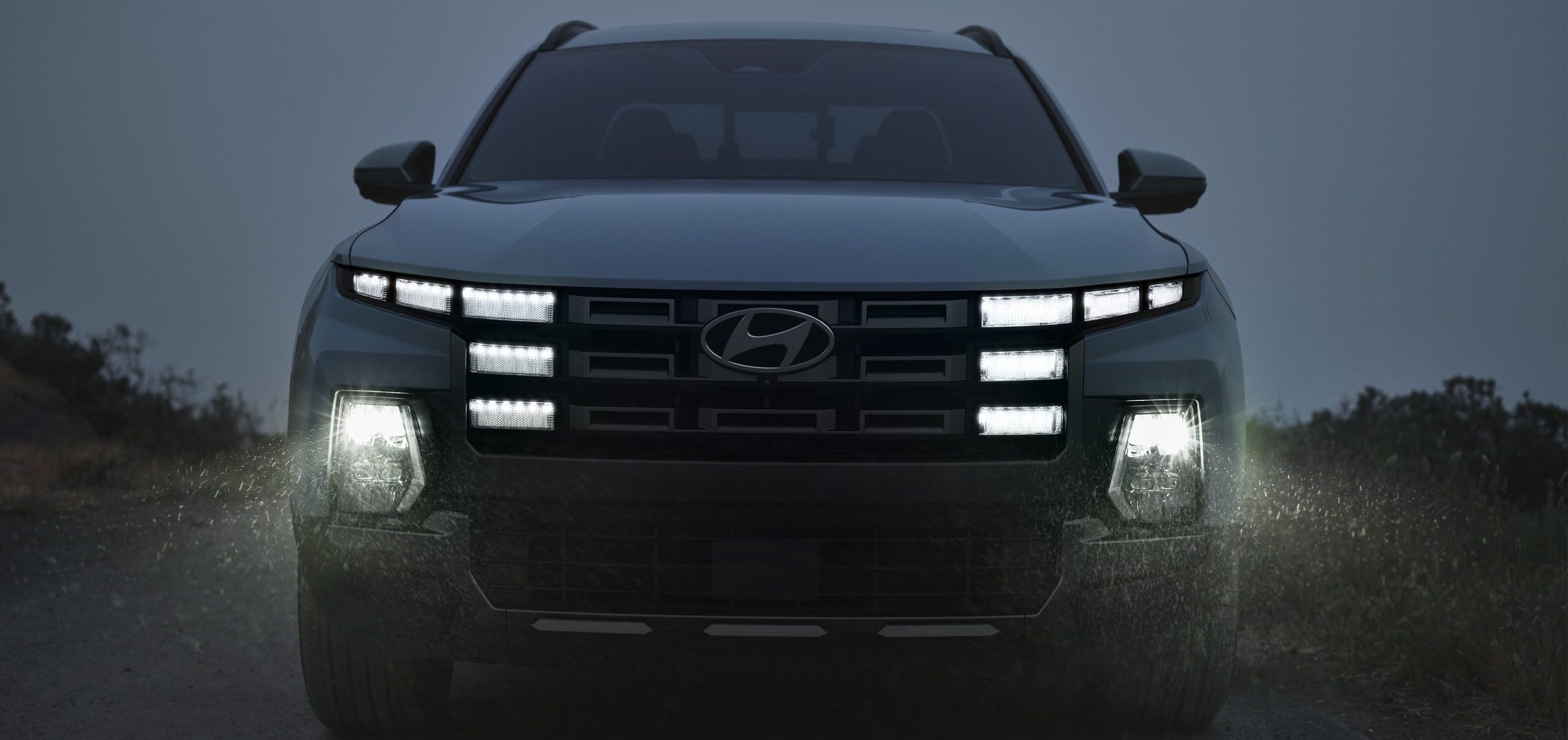 Front-on view of Santa Cruz and illuminated headlights at night on country road