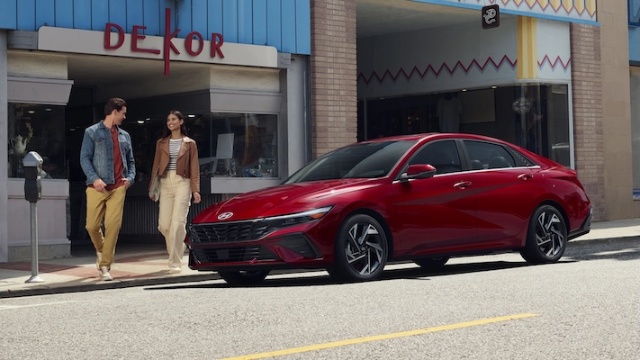 Exterior of a red 2025 Hyundai Elantra.