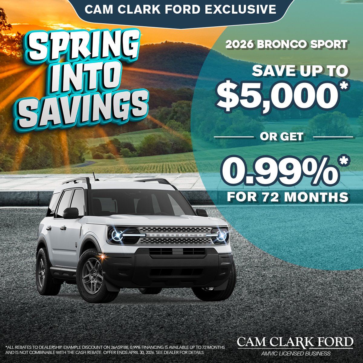 Save up to $5,000* on a 2026 Bronco Sport!