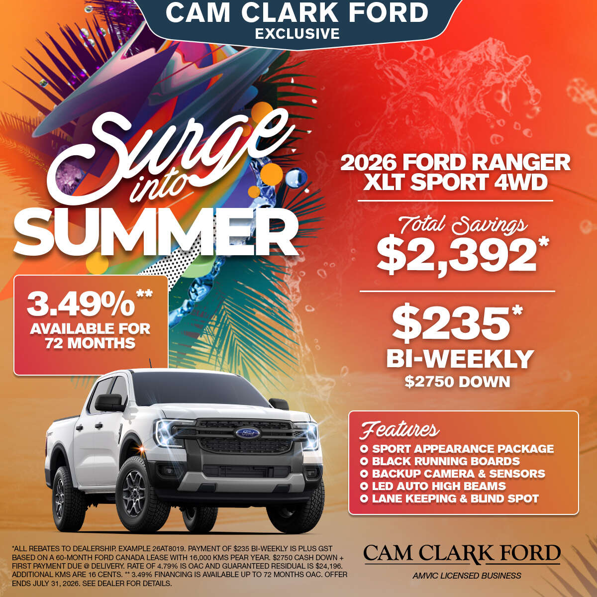 Drive the 2026 Ford Ranger XLT Sport 4WD for just $235 bi-weekly!
