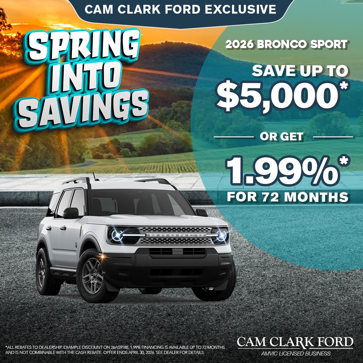 Save up to $5,000* on a 2026 Bronco Sport!