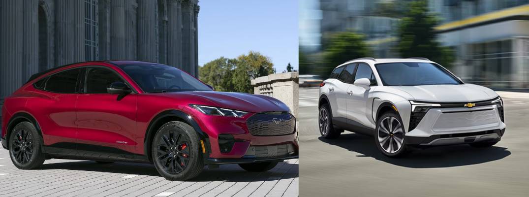 Images of 2025 Ford Mustang Mach-E and 2025 Chevrolet Blazer EV side by side.