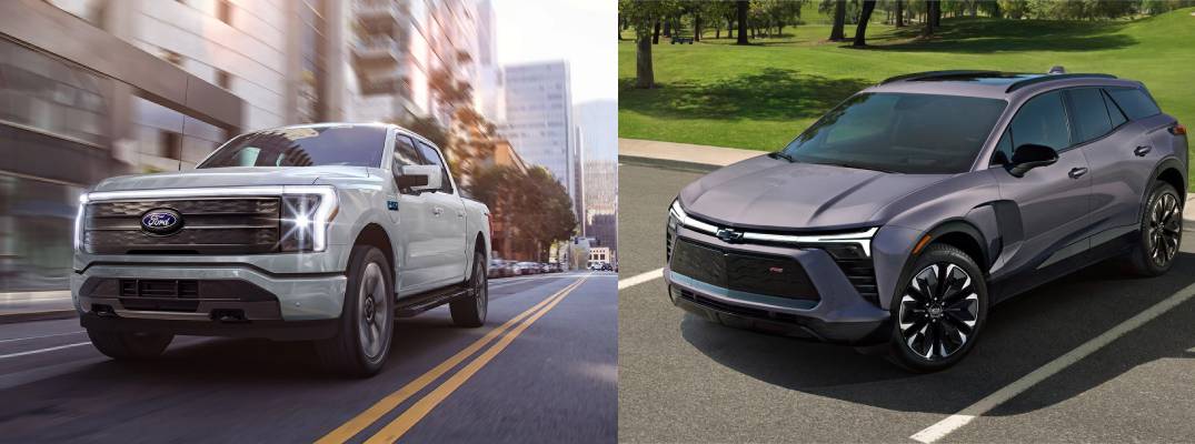 Image of 2025 Ford F-150 Lightning next to image of 2025 Chevrolet Silverado EV.