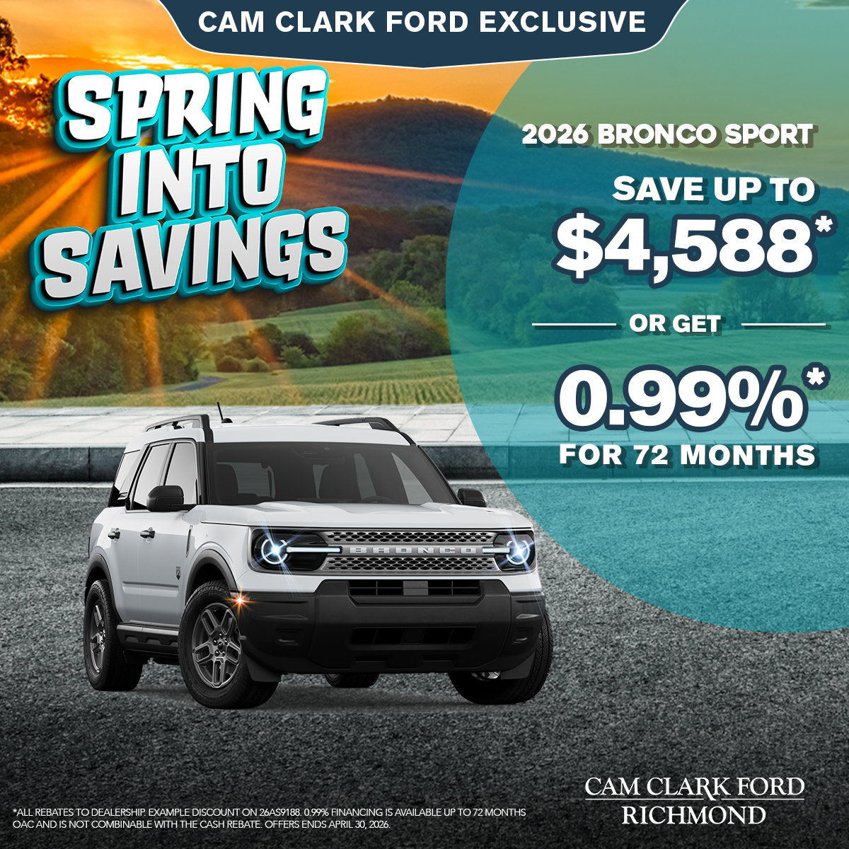 Save up to $4,588* on a 2026 Bronco Sport!