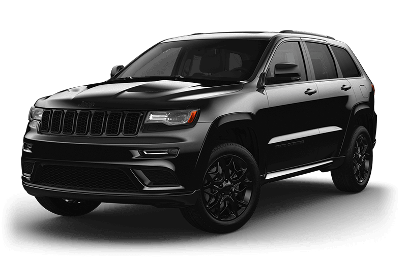 Vue 3/4 avant d'un Jeep Grand Cherokee Limited X 2022 nacrée cristal noir étincelant