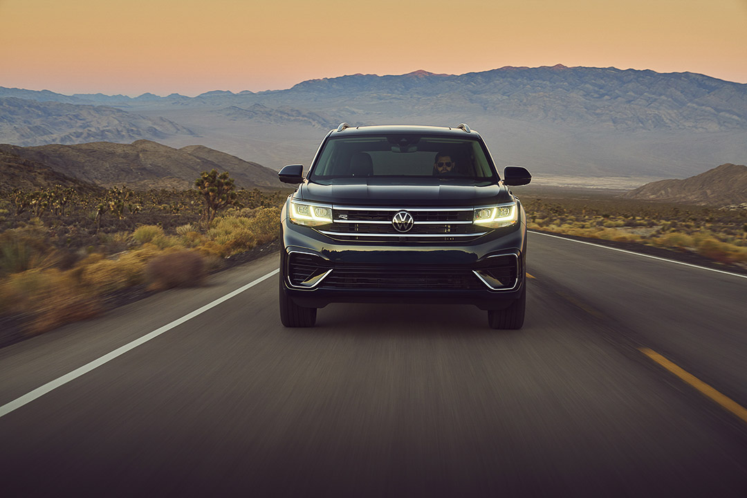 front view of the 2021 VW Atlas driven on a road