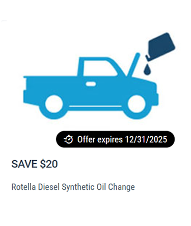 Rotella Diesel Synthetic Oil Change – $20 OFF