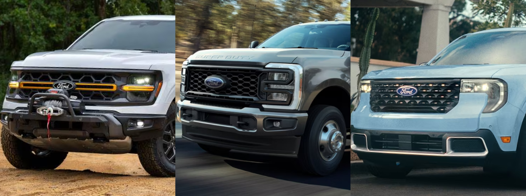 2026 Ford F-150, 2026 Ford Super Duty, and 2026 Ford Maverick driving next to each other