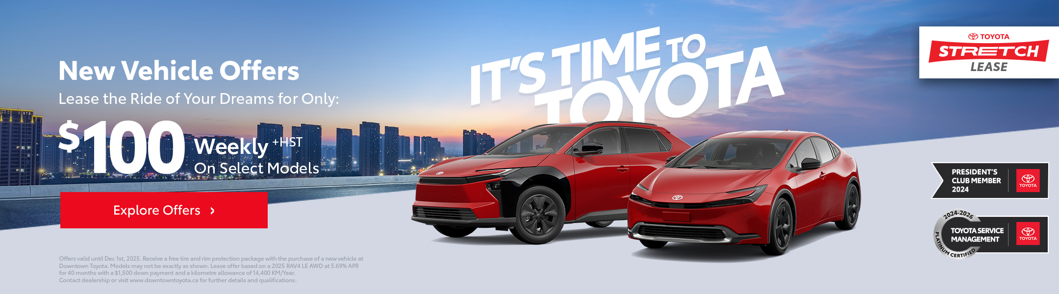 DTT-Nov25-MonthlySalesProgram-Organic-Web-Home-Carousel-Generic-2160x600 Two Toyota vehicles—a 2025 Corolla, and Rav4—With the Toyota Get on and Go sales event logo.