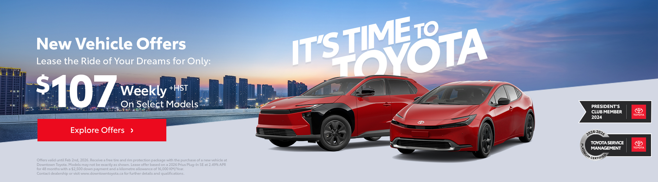 Two Toyota vehicles—a 2025 Corolla, and Rav4—With the Toyota Get on and Go sales event logo.