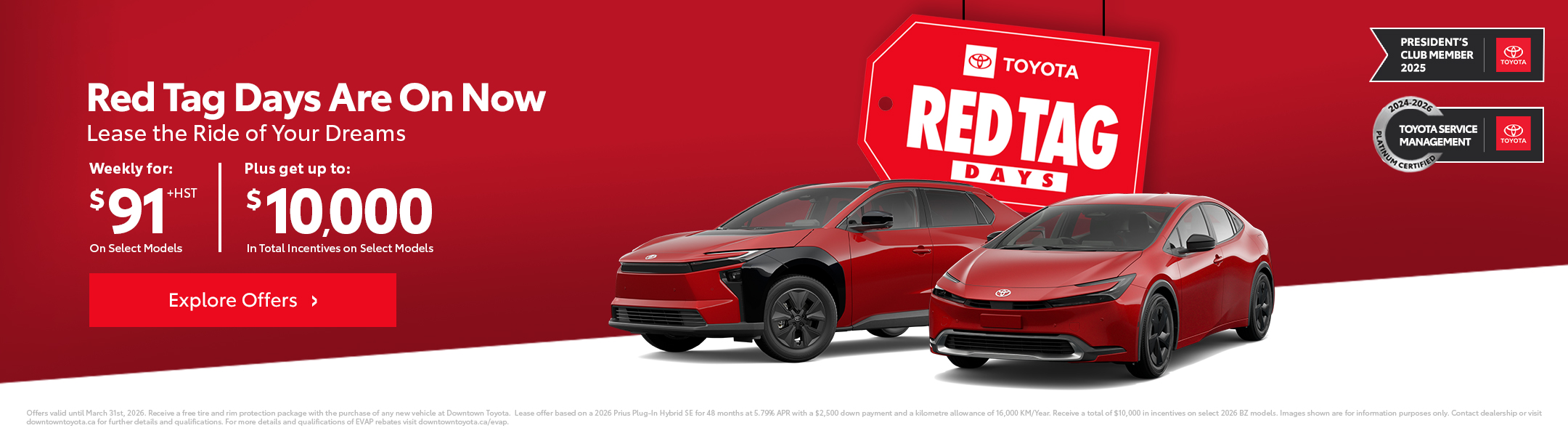 Two Toyota vehicles—a 2025 Corolla, and Rav4—With the Toyota Get on and Go sales event logo.