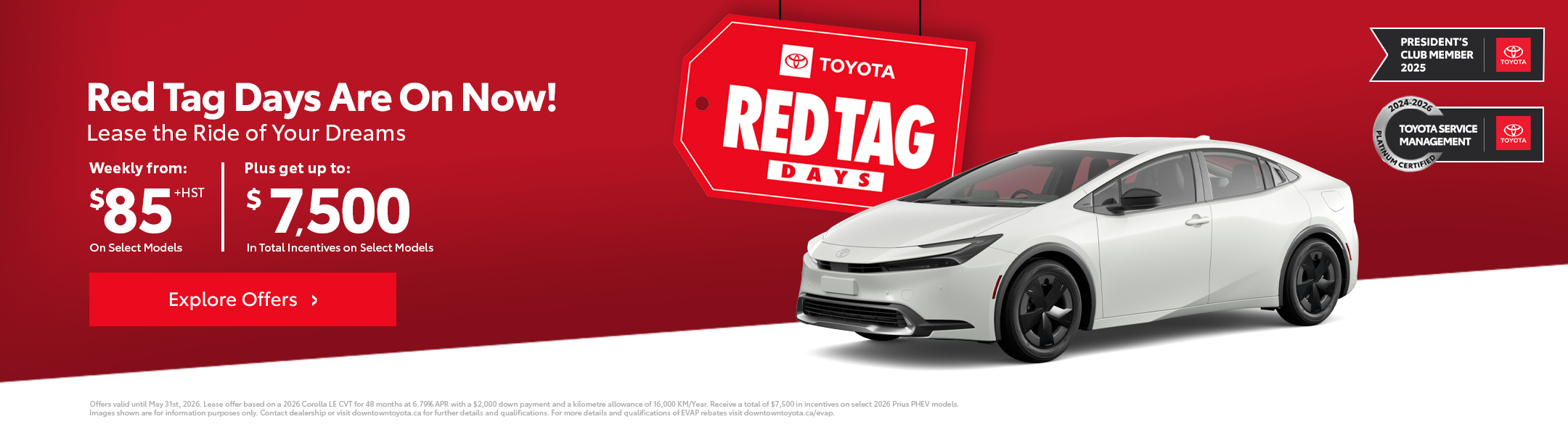 Two Toyota vehicles—a 2025 Corolla, and Rav4—With the Toyota Get on and Go sales event logo.