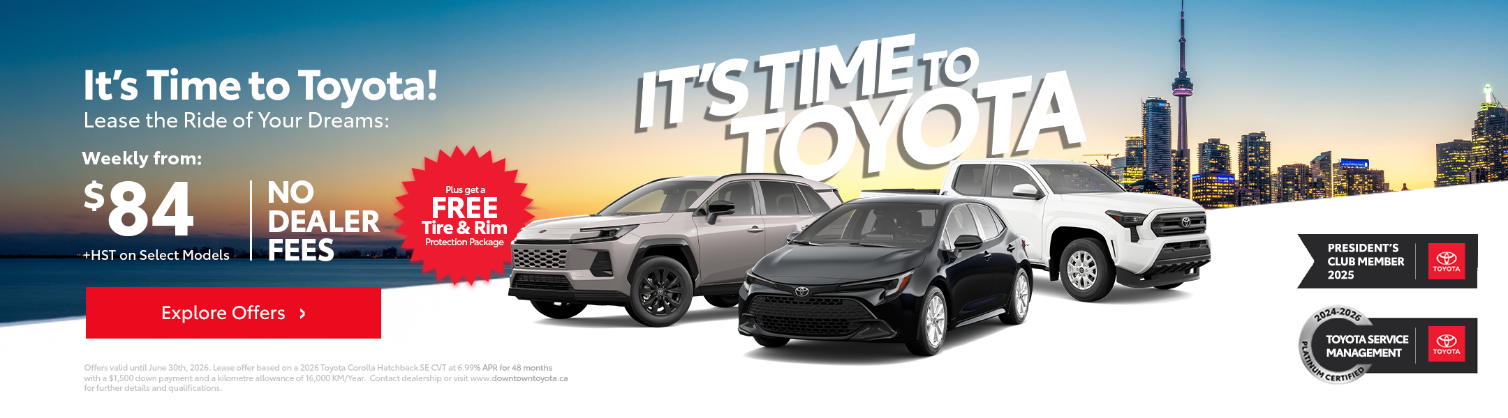 DTT-Jun26-Program-Organic-Web-Home-Carousel-2160x600 Two Toyota vehicles—a 2025 Corolla, and Rav4—With the Toyota Get on and Go sales event logo.