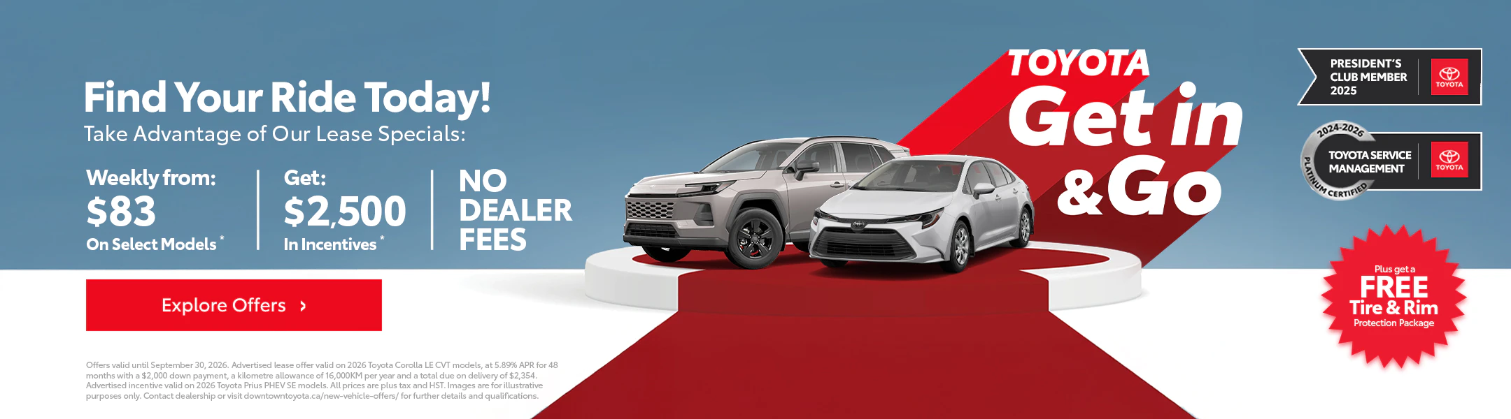 DTT-Sep26-Program-Organic-Web-Home-Carousel-2160x600 Two Toyota vehicles—a 2025 Corolla, and Rav4—With the Toyota Get on and Go sales event logo.
