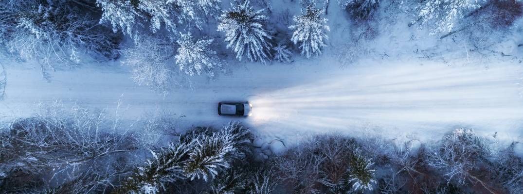 Vehicle driving through snow-covered forest