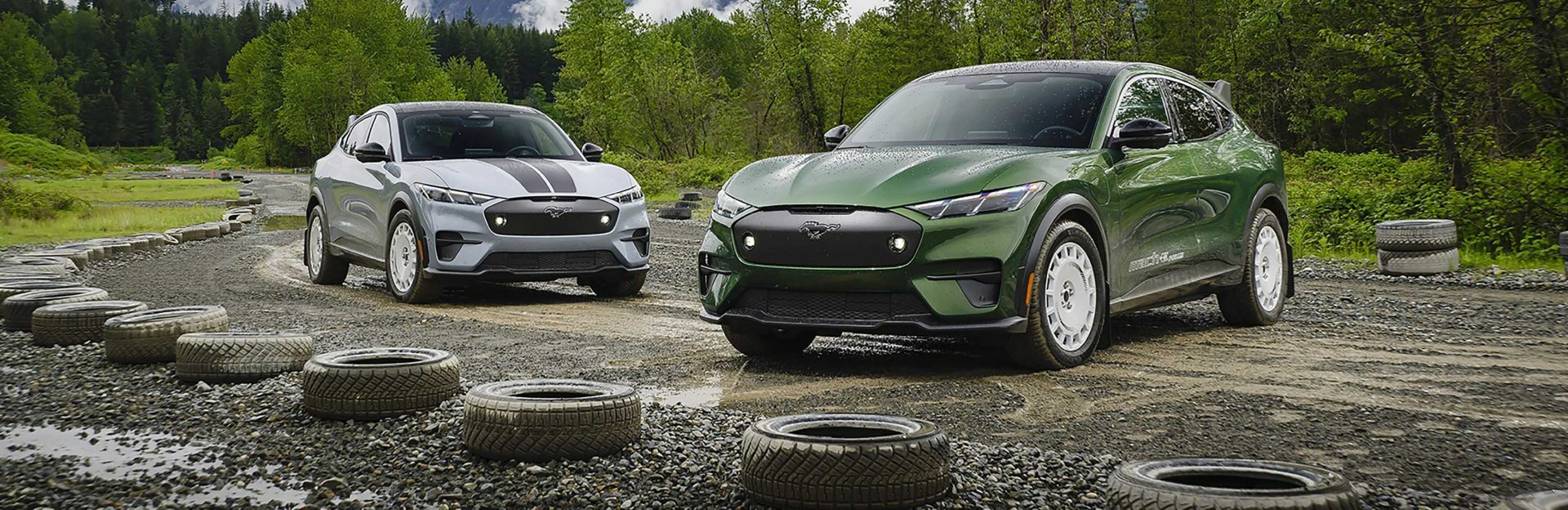 2025 Ford Mustang Mach-E vehicles parked on dirt pathway
