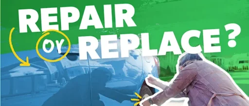 Driven Auto Group Newmarket graphic showing a vehicle being repaired with the message “Repair or Replace,” explaining Trade-In Value vs Repair Cost The Rule That Saves You Money.