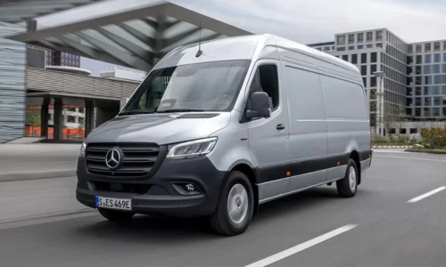 2026 Mercedes-Benz eSprinter electric cargo van driving in a modern city setting, featured by DRIVEN Newmarket as a premium commercial EV.