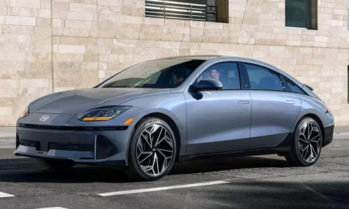 2025 Hyundai IONIQ 6 electric sedan parked on a city street, featured by DRIVEN Newmarket as a modern EV option for Canadian drivers.