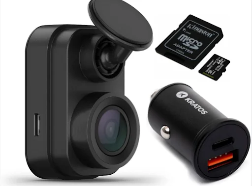 Garmin Mini 2 compact dash cam with suction mount, car charger, and microSD card, featured by DRIVEN Newmarket for discreet vehicle recording.