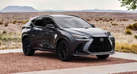 2026 Lexus NX Hybrid luxury SUV parked in a desert landscape, featured by DRIVEN Newmarket as a premium fuel-efficient hybrid vehicle.