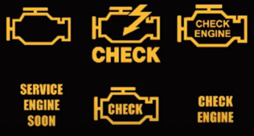 Different dashboard symbols showing check engine light indicators such as service engine soon and check engine warnings, explained by DRIVEN Newmarket.