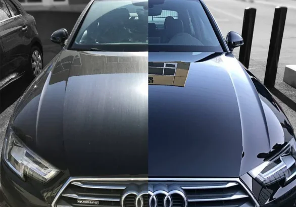 Before and after car detailing comparison showing results of Paint Protection, Polishing and Ceramic Options at DRIVEN Newmarket.