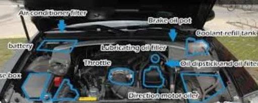 Engine bay diagram highlighting key parts such as battery, oil filter, coolant tank and brake fluid, explaining Under the Hood Engine-Related Components at DRIVEN Newmarket.