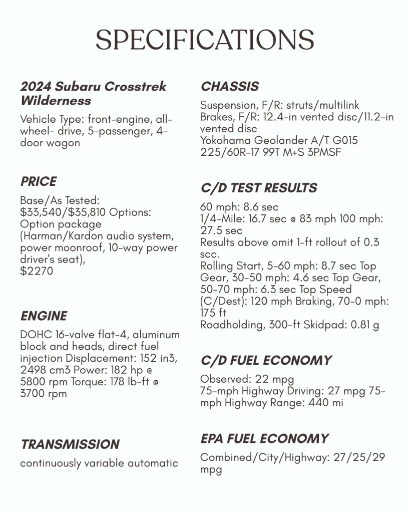 Detailed chart showing Subaru Crosstrek Test Results and Specifications including engine, performance, and fuel economy, featured by DRIVEN Newmarket.