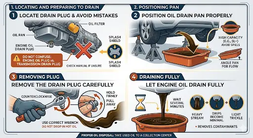 Step-by-step oil change diagram showing how to Locate the Drain Plug and Drain the Old Oil, featured by DRIVEN Newmarket.