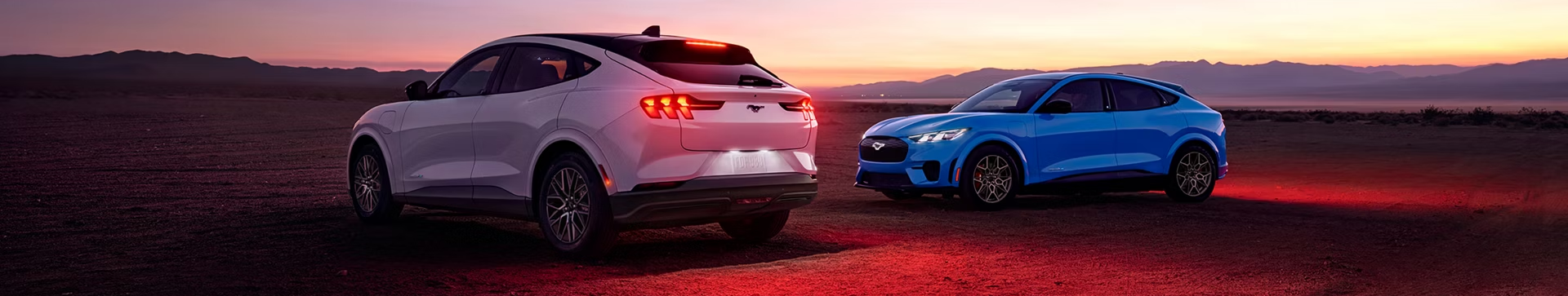 Ford SUVs parked outdoors, with sun setting in background.