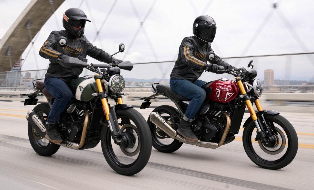 Two riders on a 2023 Triumph Scrambler 400 X (left) and a 2023 Speed 400 (right).