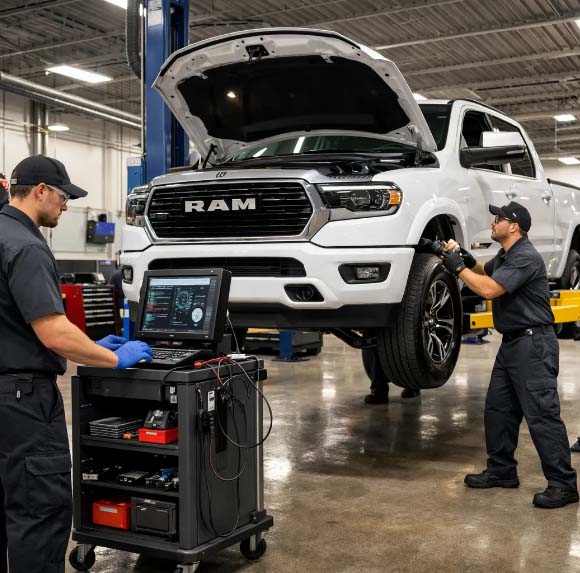 Manufacturer-certified technicians performing service on a white 2026 RAM 1500 inside the Hawkesbury Chrysler dealership