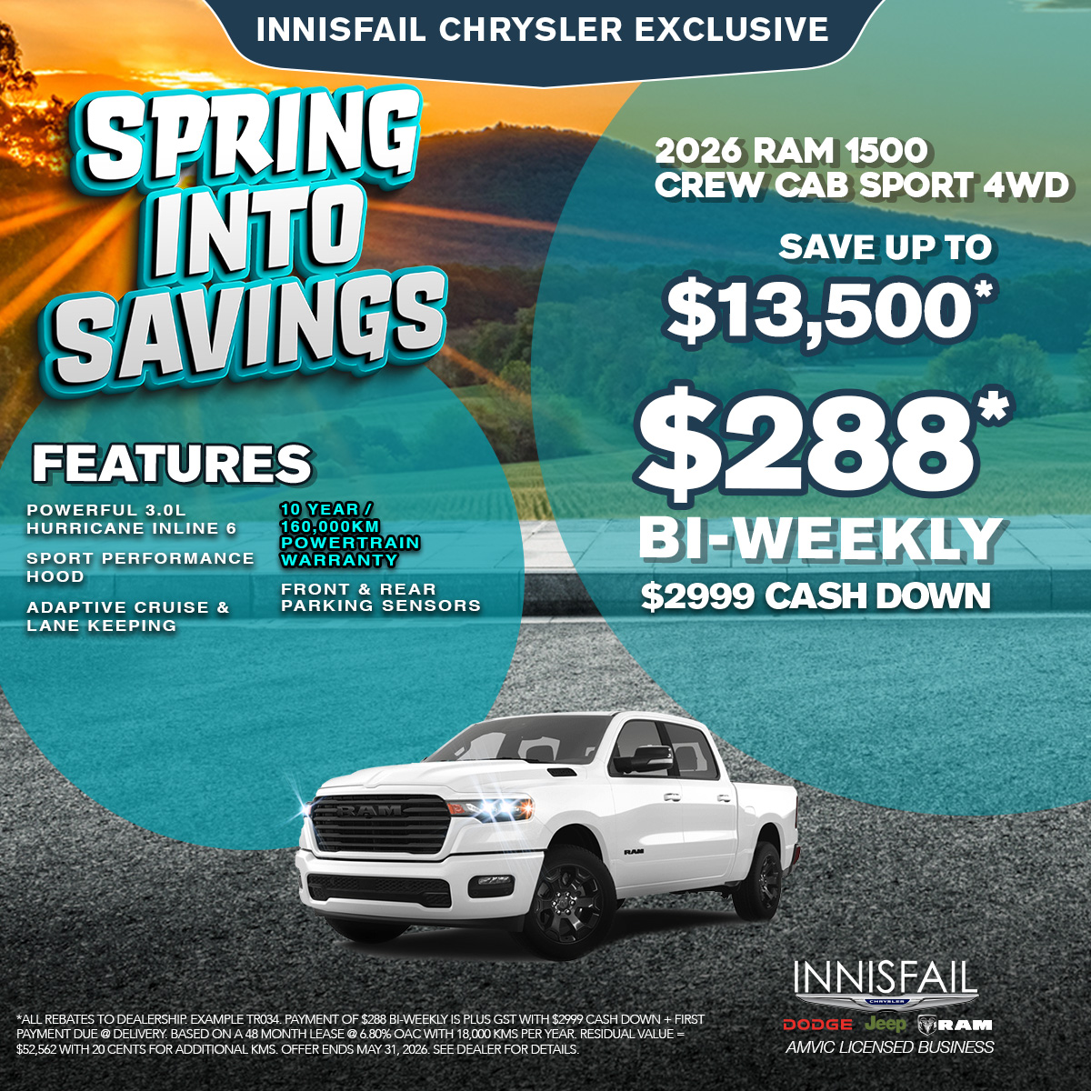 Save up to $13,500* on a 2026 RAM 1500 Crew Cab Sport 4WD!