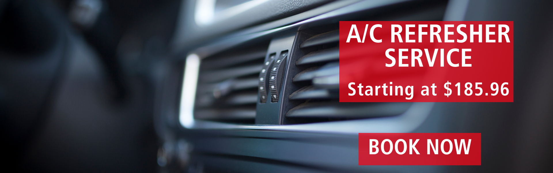 Close-up of air conditioning vent inside Toyota vehicle with A/C Refresher Service pricing overlay