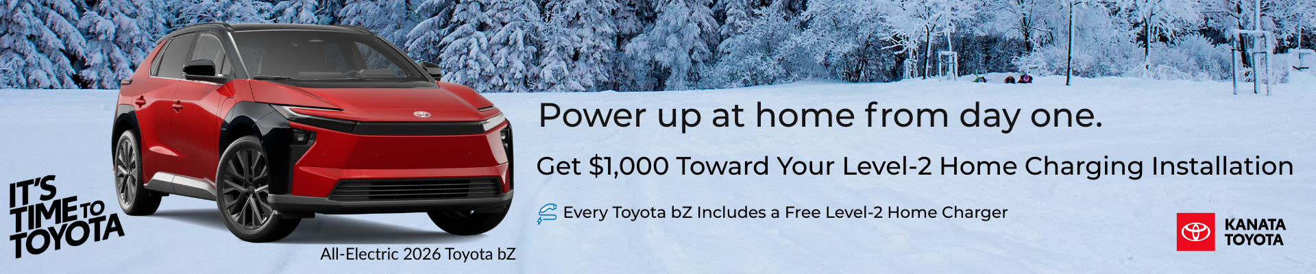 2026 Toyota bZ banner showing $1,000 cash toward home charging setup and free Level-2 home charger offer at Kanata Toyota