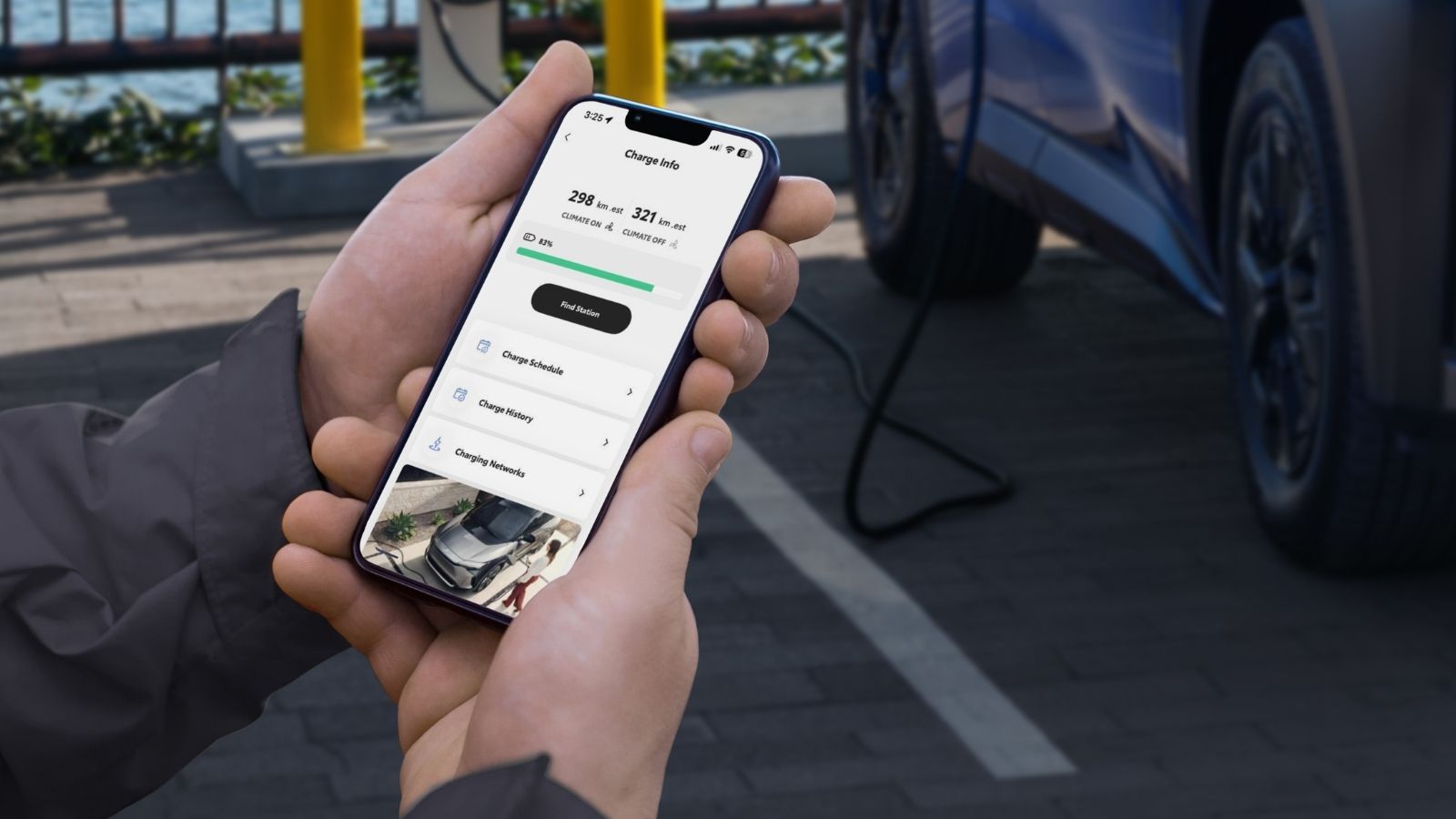 Smartphone displaying charging status for a 2026 Toyota bZ Woodland connected to a charger