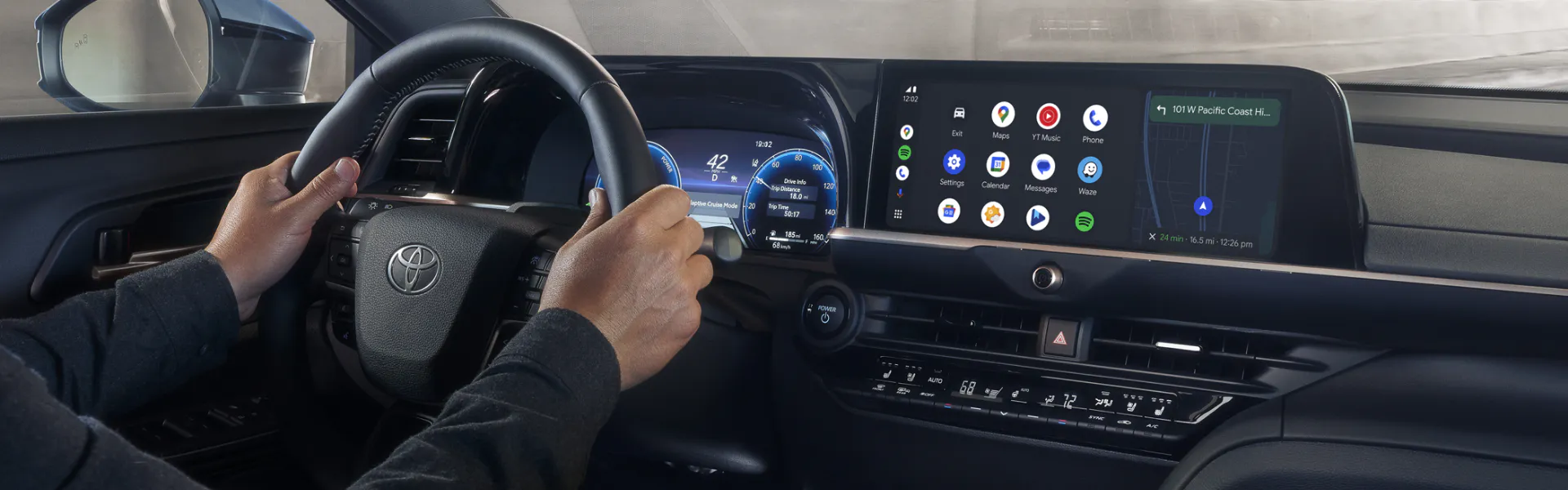 Toyota Crown interior with digital driver display and Android Auto navigation
